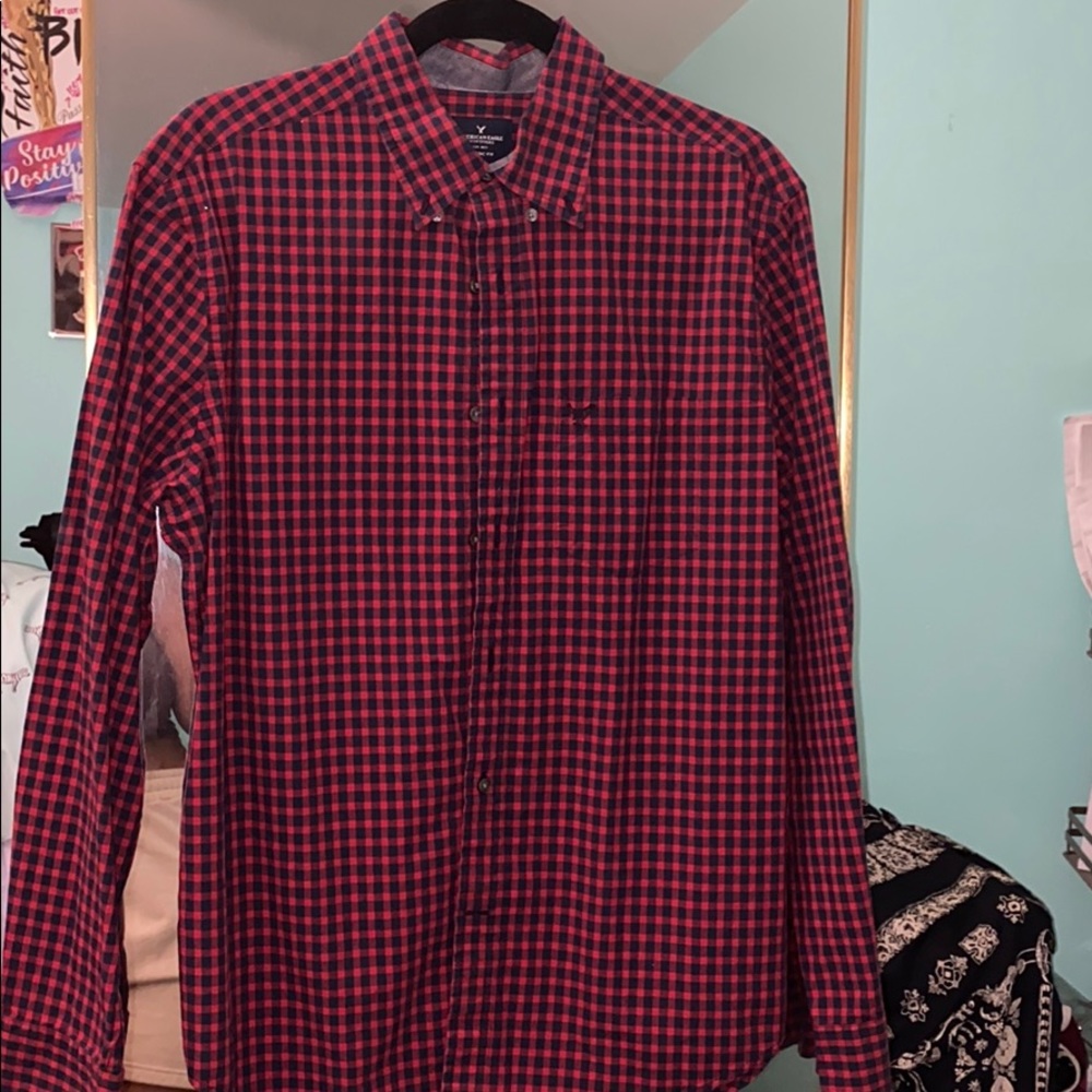Men’s red and blue plaid button down